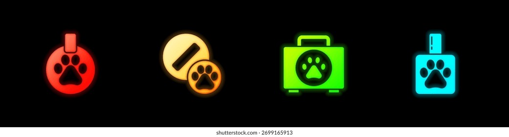 Set Collar with name tag, Dog pill, Pet first aid kit and shampoo icon. Vector