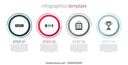 Set Collar with name tag, Fish skeleton, Pet carry case and award. Business infographic template. Vector