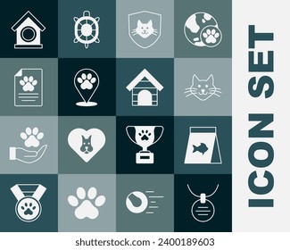 Set Collar with name tag, Food for fish, Cat, Animal health insurance, Location veterinary hospital, Medical clinical record pet, Dog house and  icon. Vector
