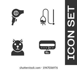 Set Collar with name tag, Hair dryer, Cat and Pet cat toy icon. Vector
