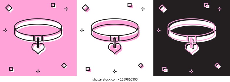 Set Collar with name tag and heart icon isolated on pink and white, black background. Simple supplies for domestic animal. Cat and dog care. Pet chains.  Vector Illustration