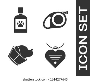 Set Collar with name tag and heart, Dog medicine bottle, Veterinary clinic symbol and Retractable cord leash with carabiner icon. Vector