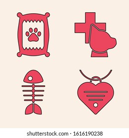 Set Collar with name tag and heart, Bag of food for dog, Veterinary clinic symbol and Fish skeleton icon. Vector