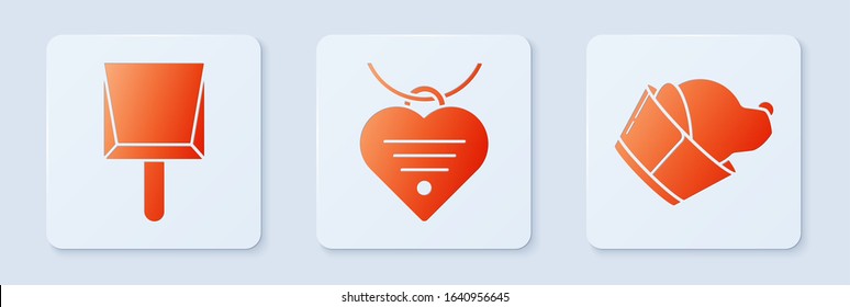 Set Collar with name tag and heart, Dustpan and Veterinary clinic symbol. White square button. Vector