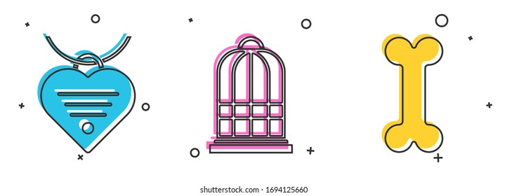 Set Collar with name tag and heart, Cage for birds and Dog bone icon. Vector
