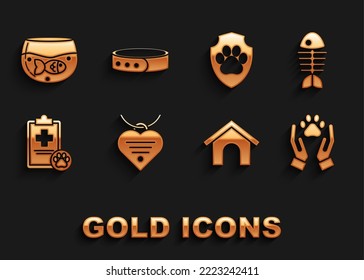Set Collar with name tag and heart, Fish skeleton, Hands animals footprint, Dog house, Clipboard medical clinical record pet, Animal health insurance, Aquarium fish and  icon. Vector