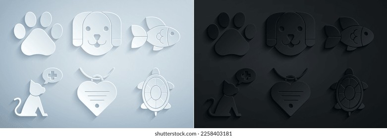 Set Collar mit dem Namen Tag und Herz, Fisch, Veterinary Clinic Symbol, Schildkröte, Hunde und Pfoten drucken Symbol. Vektorgrafik