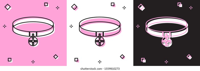 Set Collar with name tag icon isolated on pink and white, black background. Simple supplies for domestic animal. Cat and dog care. Pet chains.  Vector Illustration