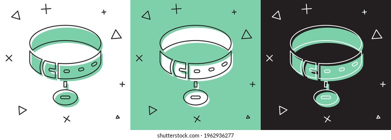 Set Collar with name tag icon isolated on white and green, black background. Simple supplies for domestic animal. Cat and dog care. Pet chains.  Vector