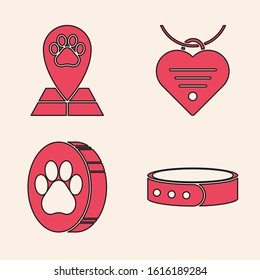 Set Collar with name tag, Map pointer with veterinary medicine hospital, Collar with name tag and heart and Paw print icon. Vector