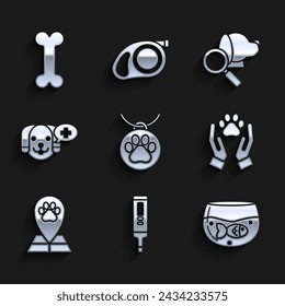 Set Collar with name tag, Medical digital thermometer, Aquarium fish, Hands animals footprint, Map pointer veterinary medicine hospital, Veterinary clinic symbol,  and Dog bone icon. Vector