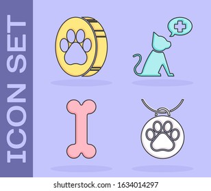 Set Collar with name tag, Paw print, Dog bone and Veterinary clinic symbol icon. Vector