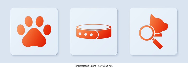Set Collar with name tag, Paw print and Veterinary clinic symbol. White square button. Vector