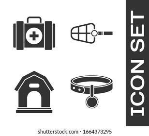 Set Collar with name tag, Pet first aid kit, Dog house and Dog muzzle icon. Vector