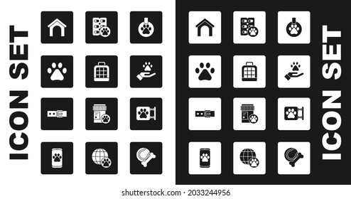 Set Collar with name tag, Pet carry case, Paw print, Dog house, Hands animals footprint, pill, Veterinary clinic and  icon. Vector