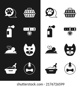Set Collar with name tag, Pet shampoo, Paw print, carry case, Clockwork mouse, Cat, Dog collar and litter tray shovel icon. Vector