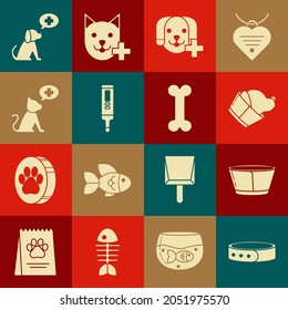 Set Collar with name tag, Protective cone collar, Veterinary clinic symbol, Medical digital thermometer,  and Dog bone icon. Vector