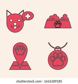 Set Collar with name tag, Veterinary clinic symbol, Pet food bowl for cat or dog and Map pointer with veterinary medicine hospital icon. Vector