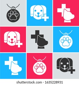 Set Collar with name tag, Veterinary clinic symbol and Veterinary clinic symbol icon. Vector
