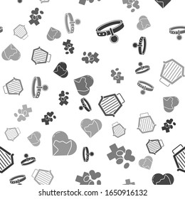 Set Collar with name tag, Veterinary clinic symbol, Pet carry case and Heart with cat on seamless pattern. Vector