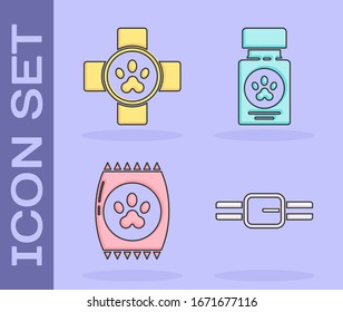 Set Collar with name tag, Veterinary clinic symbol, Bag of food for pet and Dog medicine bottle and pills icon. Vector