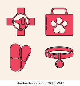 Set Collar with name tag, Veterinary clinic symbol, Pet first aid kit and Dog and pills icon. Vector