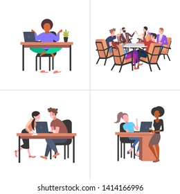 Set of colleagues engaged in working process. Mix race businesspeople in various business corporate situations.  Flat full length collection.
