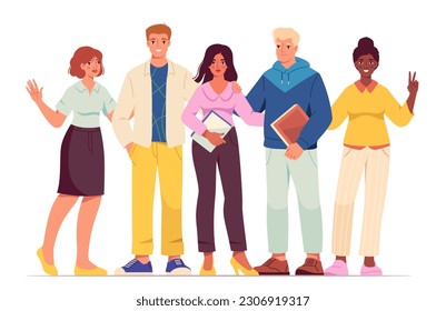 Set of colleagues. Men and women with folders stand and wave their hands affably. Collection of partners and employees, friendly team. Cartoon flat vector illustrations isolated on white background