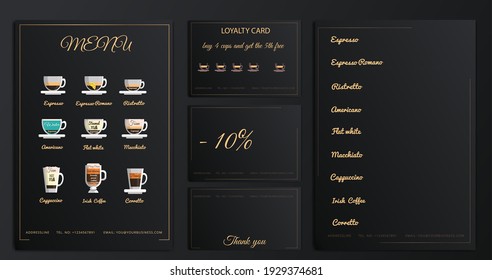 a set of collectible luxury loyalty cards, coffee shop menu card template, business cards, discount card. coffee menu. coffee card. 