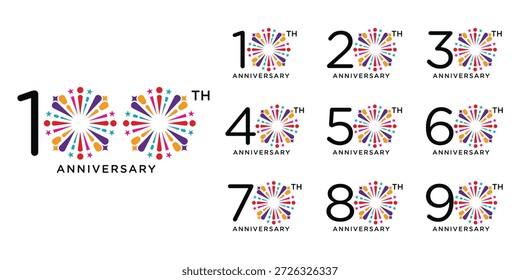 Set der Sammlung 10 bis 100 Jubiläum Logo-Design, Feuerwerk bunt für Feier glückliches neues Jahr und Geburtstag Logo Grafik Vektorvorlage