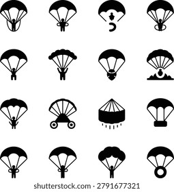 A set of collection of 16 black and white depicting parachutists and parachutes silhouette