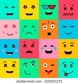 Set collection of 16 funny emotion emoji faces. Various faces on colorful background. Simple emoticons pictograms. Vector illustration EPS 10.