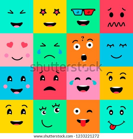 Set collection of 16 funny emotion emoji faces. Various faces on colorful background. Simple emoticons pictograms. Vector illustration EPS 10.