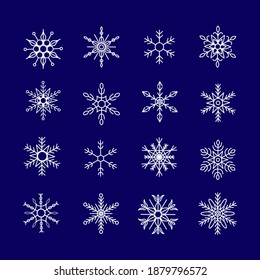 Set collection of 16 various ornate snowflakes, white snowflake star symmetric hexagon symbols placed on dark blue background, for prints, decoration, etc