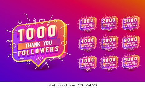 Set collection 1k, 2k, 3k, 4k, 5k, 6m, 7k, 8k, 9k Thank you followers, peoples online social group, happy banner celebrate, Vector illustration