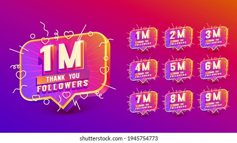 Set collection 1m, 2m, 3m, 4m, 5m, 6m, 7m, 8m, 9m Thank you followers, peoples online social group, happy banner celebrate, Vector illustration