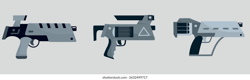 Conjunto coleção 2 de arma laser blaster arma futura em preto cinza cores ícone clipart avatar logotipo ilustração isolada