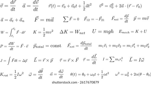 Set, collection of 30 essential and famous physics formulas, equations from classical mechanics, ideal for education, science visuals and infographics, transparent background