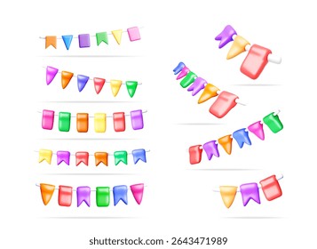 Set collection of 3D colorful bunting flags and garland banners. Festive decoration element for celebration, party, or birthday.