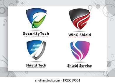 Set Collection Of 3d Shield Tech Vector Logo Design With Modern Concept , Illustration Symbol Of Cyber Security  For Digital  Protection Software Company.