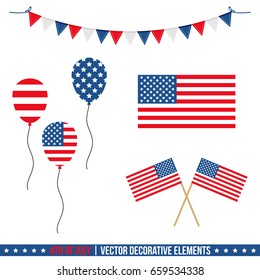 Set, collection of 4th of july vector decorative elements. American flags, balloons, ribbons.