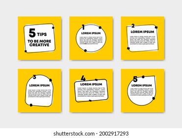 Set collection of 6 square banners with sample text. Yellow and white social media post grid templates with copy space. Heading, post and quote frames. Presentation, brochure, card design.