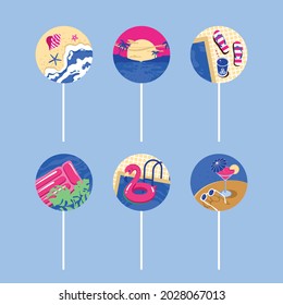 Set collection of 6 toppers for decorating cakes or cocktails. Vector printable illustrations on a summer theme, sea vacations, summer holidays, exotic vacations.