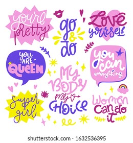 Set collection of 8 vector lettering illustrations on a white isolated background. Motivation for women, feminism, equality, LGBT, for design of posters and cards, invitations and banners.
