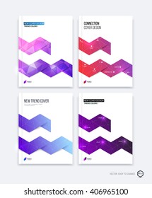 Set collection of abstract cover design, business brochure template layout, report in A4 with pink purple triangular zig zag geometric shapes on polygonal background and flat variant. Creative vector.