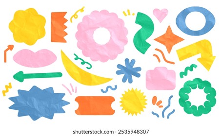 Defina a coleção de formas geométricas abstratas em várias cores em um fundo branco, transmitindo criatividade e jovialidade. Perfeito para projetos de design e adicionar um toque artístico moderno.