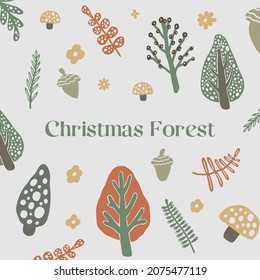 conjunto colección de diseño abstracto de vectores de clíparte del bosque de Navidad dibujado a mano