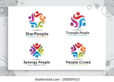 Set Collection Of Abstract Illustration Star People Crowd Vector Logo With Colorful And Modern Style Concept As A Symbol Icon.