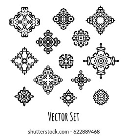 Set collection of abstract logos with tribal, ethnic, geometric elements. Hipster, business labels, navajo style isolated on white background. Vector illustration.