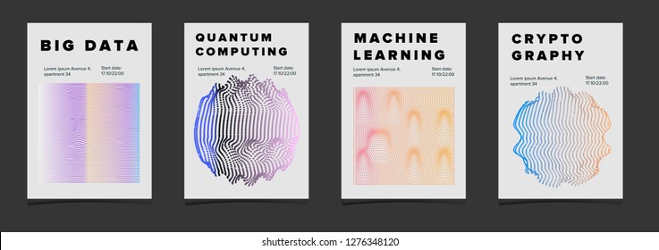 Set/ collection of abstract posters for Computer Science subject. Abstract glitched neon holographic shapes: plain and sphere.  Cyberpunk futuristic style.